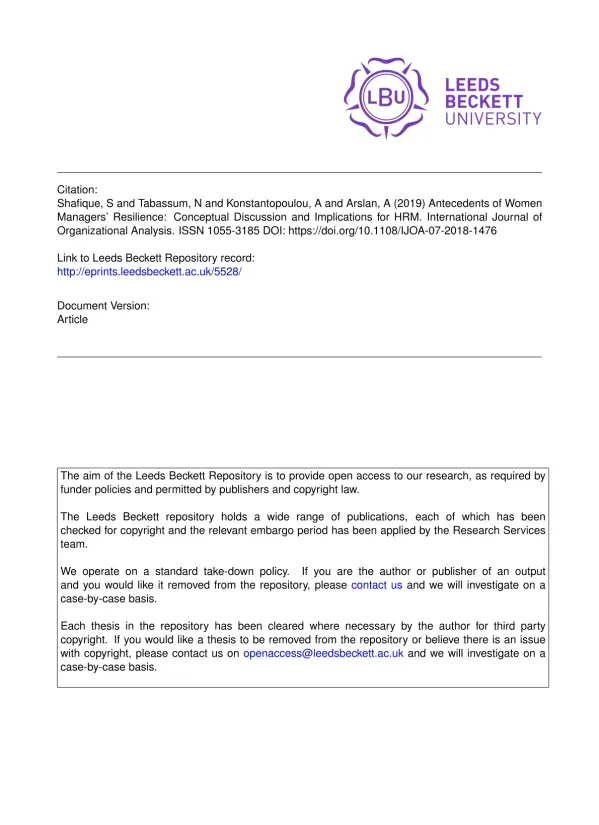 Antecedents of Women Managers’ Resilience: Conceptual Discussion and Implications for HRM
