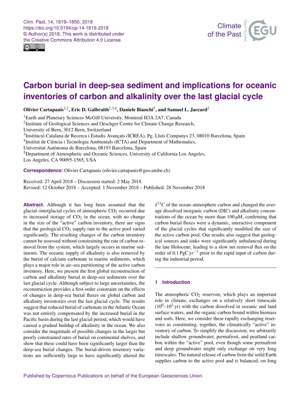 Carbon Burial in Deep-Sea Sediments and Its Impact on Oceanic Carbon and Alkalinity During Glacial Cycles