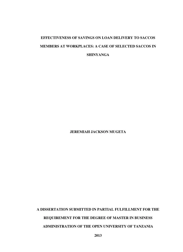 Effectiveness of Savings on Loan Delivery to Members at Workplaces: A case of Selected SACCOS in Shinyanga