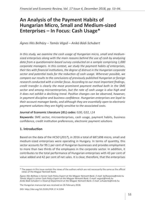 An Analysis of the Payment Habits of Hungarian Micro, Small and Medium-sized Enterprises – In Focus: Cash Usage