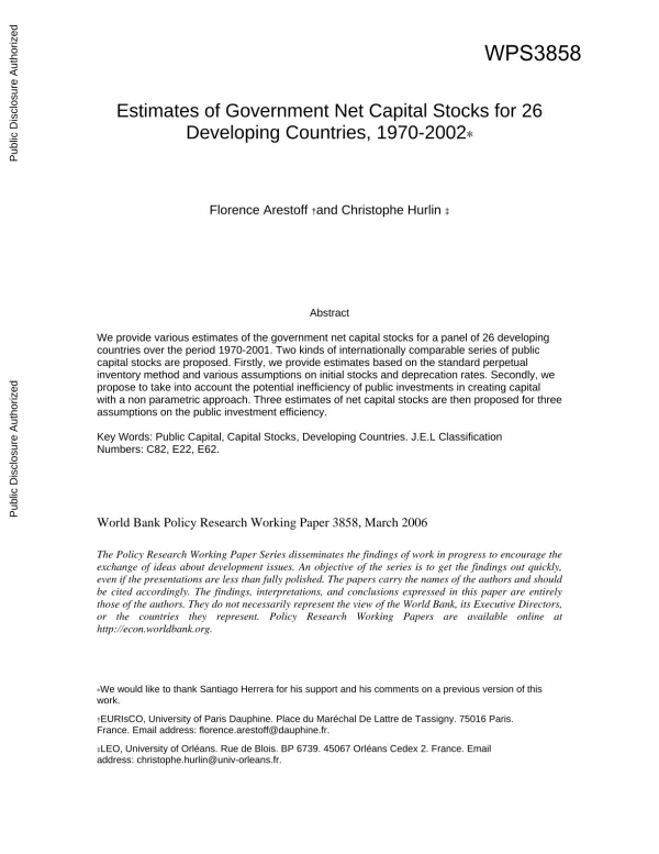 Estimates of government net capital stocks for 26 developing countries, 1970-2002